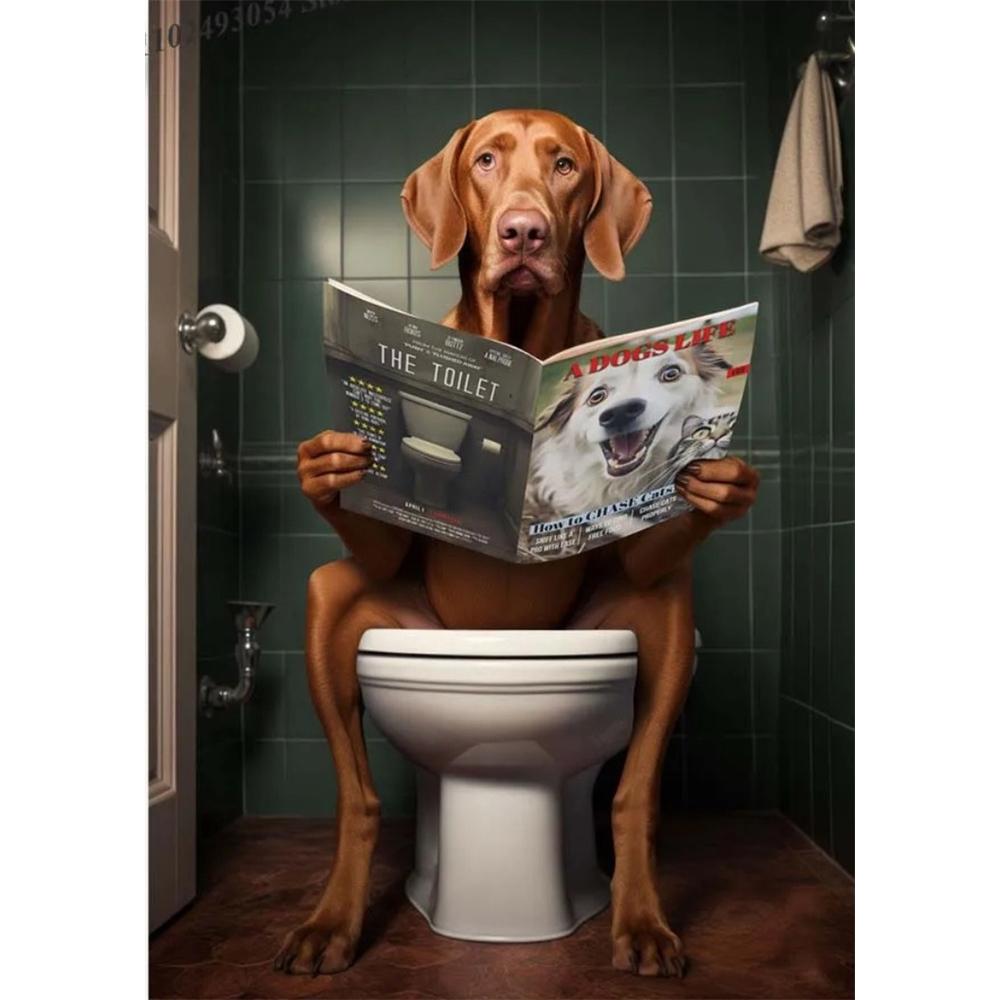 Hund sitzt auf der Toilette und liest Zeitung 5D DIY Diamantmalerei Kreuzstich Vollbohrer Runde Stickerei Heimdekoration Geschenke