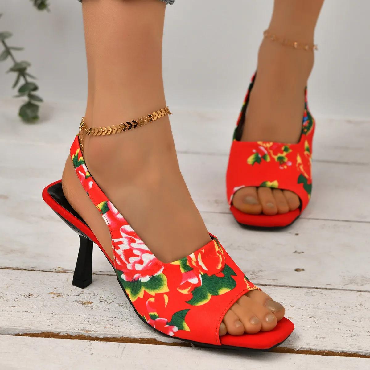

Women Heels Sandals Large Size43 Flower Square Head Thin Heels Open Toes One Line Cold Slippers Platform Shoes 43