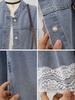 Women's Light Blue Denim Jacket with Lace Trim - Sweet Style, Stand Collar, Short Fit with Tag
