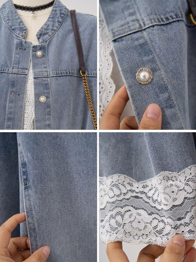 Women's Light Blue Denim Jacket with Lace Trim - Sweet Style, Stand Collar, Short Fit with Tag