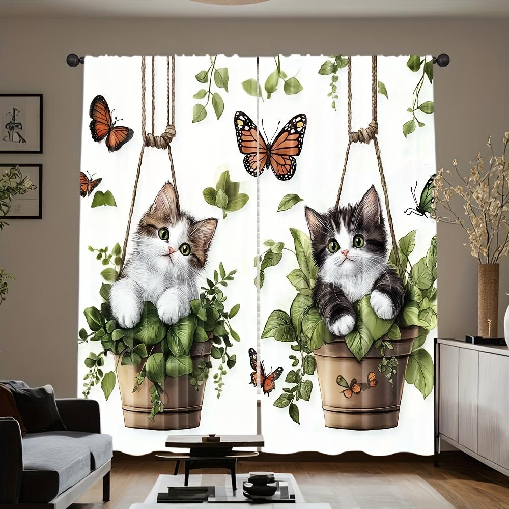 Cute Cat Curtains 2pcs – Kittens in Hanging Plant Pots with Butterflies, Whimsical Garden Art for Bedroom and Living Room Decor