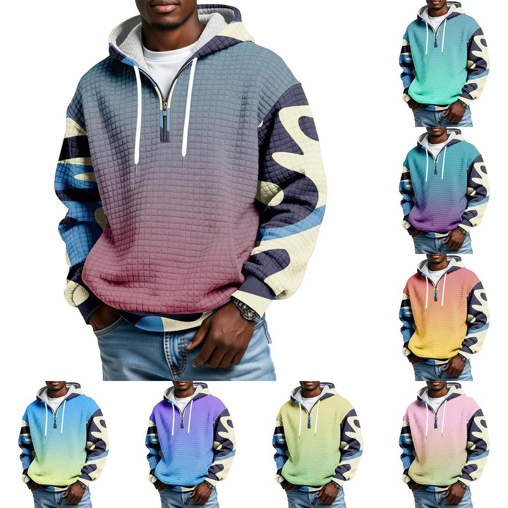 Sudadera Deportiva Casual para Hombre con Capucha y Media Cremallera a Cuadros con Cordón y Estampado