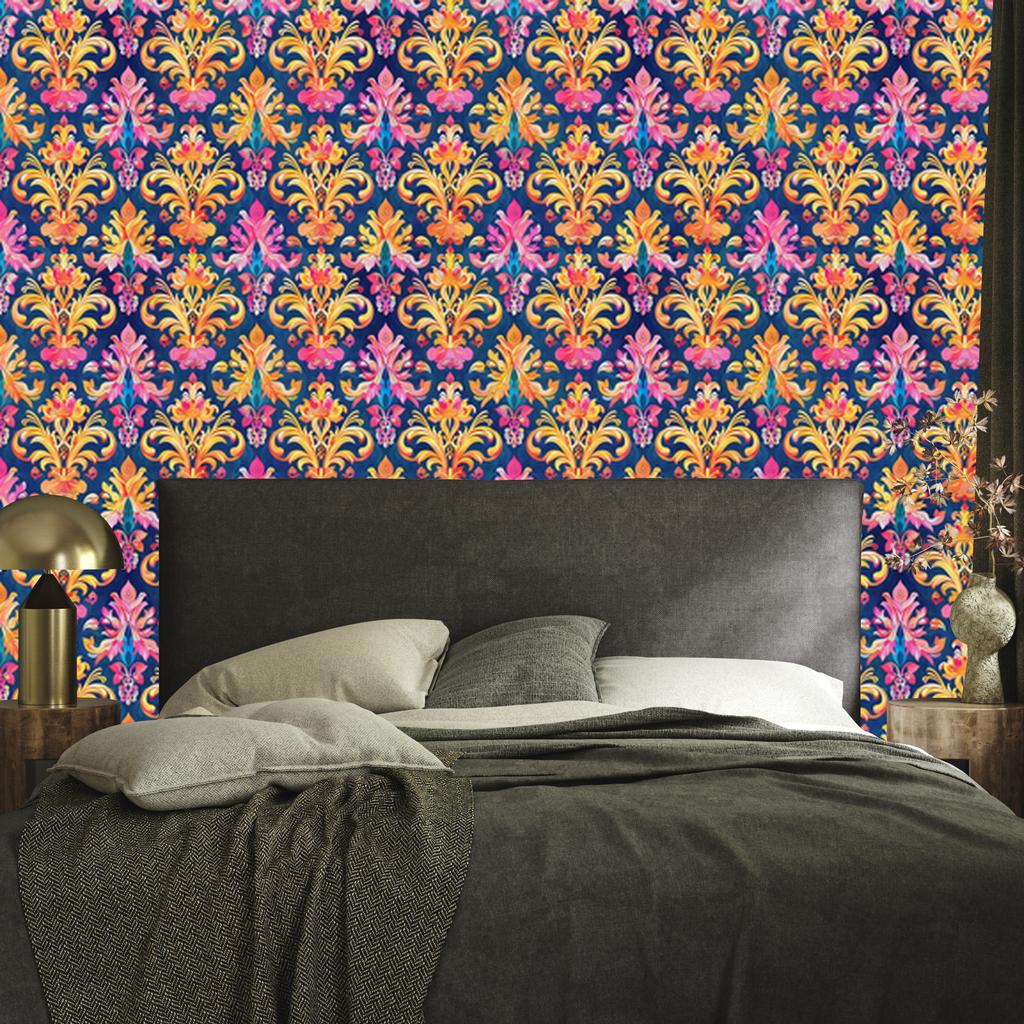 Baroque Damask Wallpaper Blue and Gold for Living Room and Bedroom 50x1000