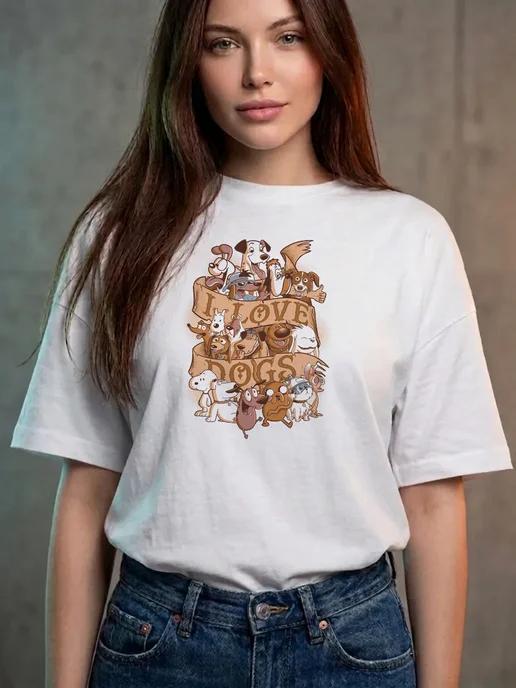 Women’s “I LOVE DOGS” T-shirt with cartoon dogs XL