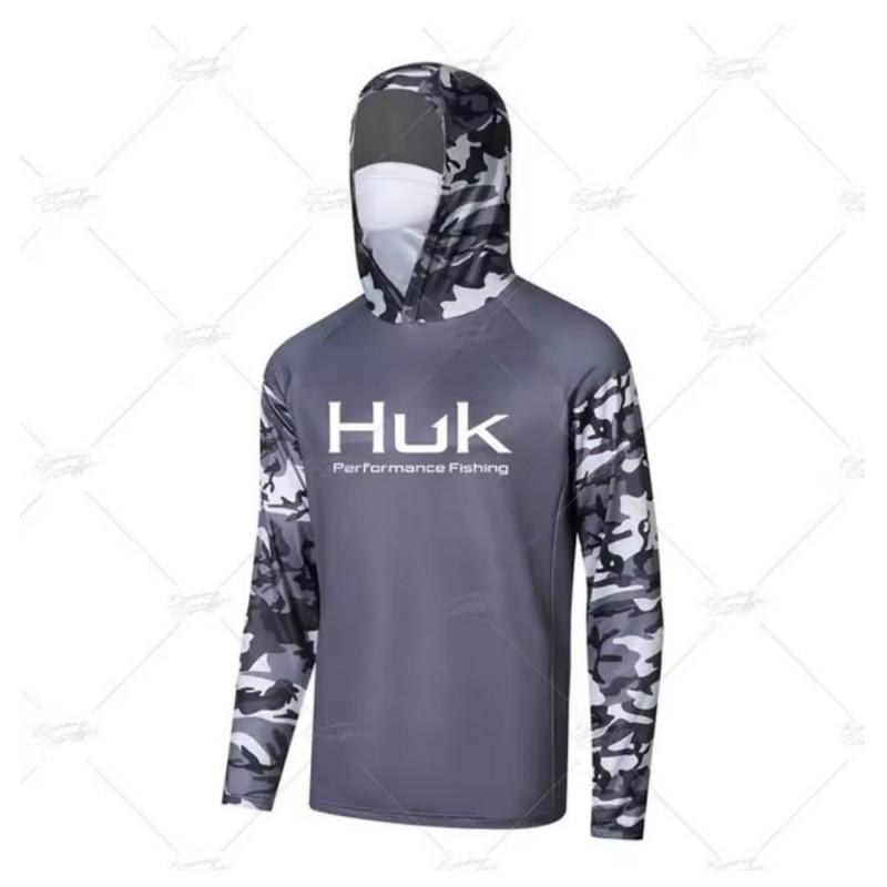 

HUK Fishing Hooded Shirt Mask Anti-ultraviolet Collar Suit Men s Long-sleeved Breathable Quick-drying T-shirt XXXL