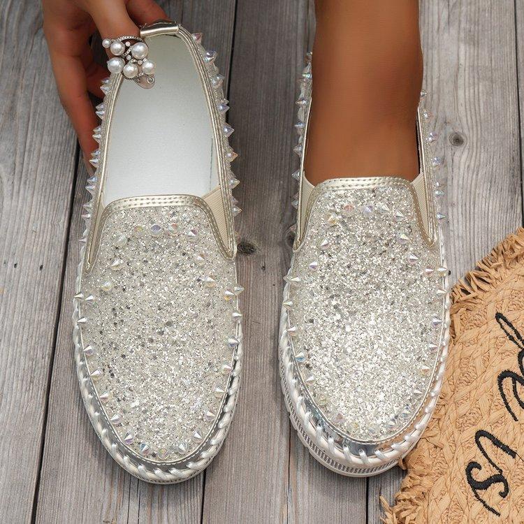 Large size casual single shoes women's 2024 autumn new fashion women's shoes one pedal flat-bottomed riveted rhinestones