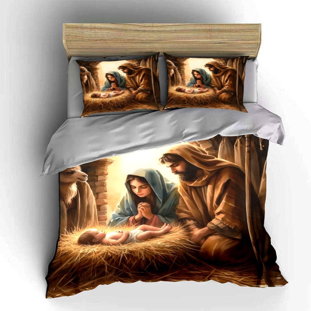 Nativity-Themed Holy Family Set  Kid'S And Adults' Bedroom Decor, Exquisite Three-Piece Bedding Set Gift