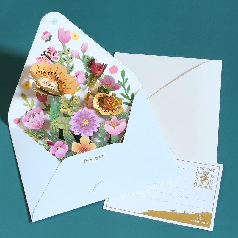 Romantic 3D Pop-up Flower Greeting Cards Birthday Christmas Postcard with Envelope Paper Cards Set for Wedding Party Decor Gifts