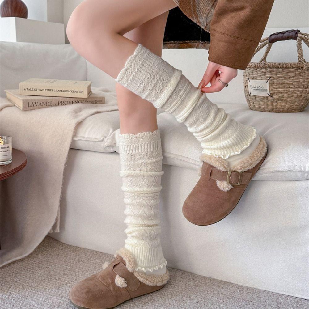 New Snowflake Leg Warmers Lace Solid Color Lolita Long Socks Thickened Keep Warm Mid-Calf Sock Winter