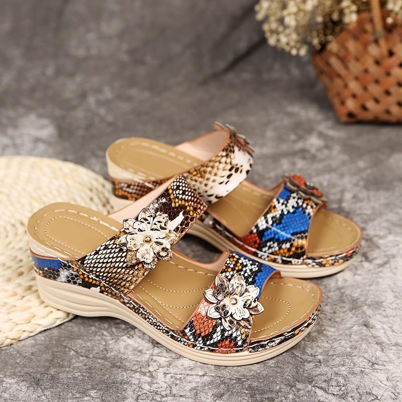 Summer women's shoes large size wedge heels slippers flower leopard print platform sandals