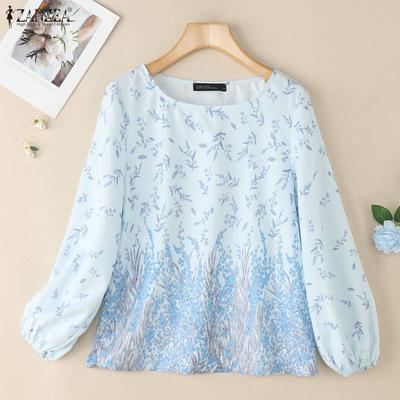 Damen Lässige Rundhals Weite Langarm Print Bluse