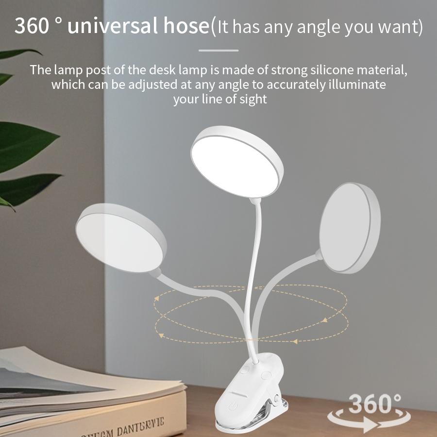 360° Rotating Rechargeable Reading Lamp Portable Clip Bedside Lamp Three Levels of Adjustable Soft Light for Eye Protection