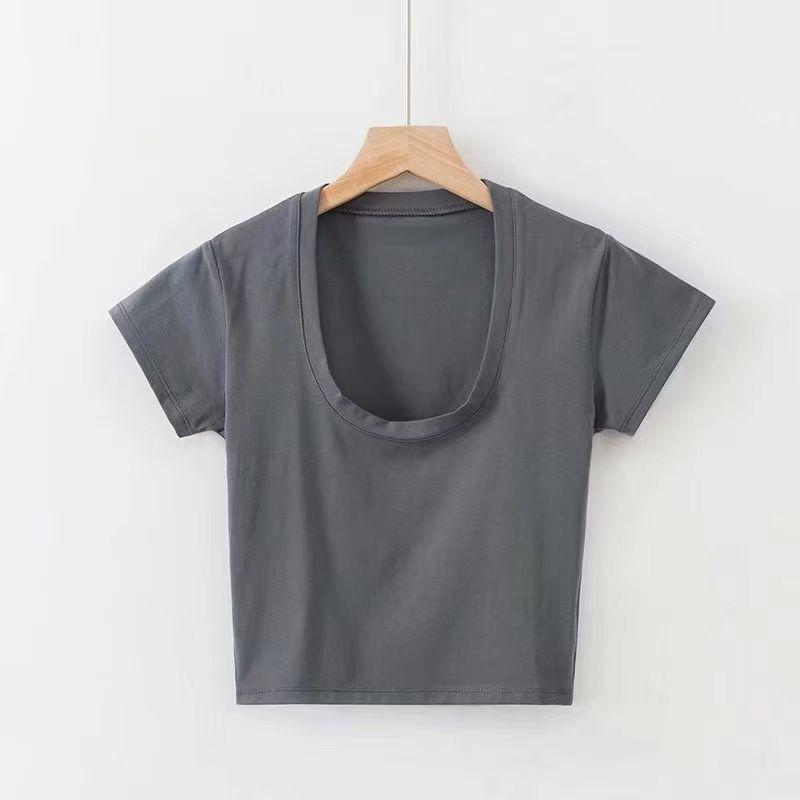 Letní Slim Sportovní Vesta Sexy Ženy Krátký rukáv Výstřih do U Šedé Tričko Tílka Dámské Jednobarevné Černobílé Korejské Crop Tops Y2k