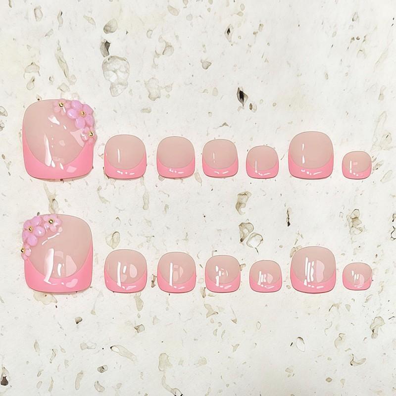 Handmade Press-On Toe Nails Short Style Nude Pink French With 3D Floral Design Sweet Ins Aesthetic Women