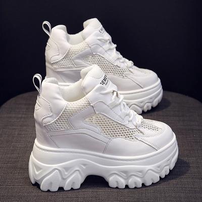 Fashion Hidden Heels White Chunky Sneakers Women Breathable Lace Up High Platform Shoes Woman 10CM Autumn Non-Slip Thick Bottom Sneakers