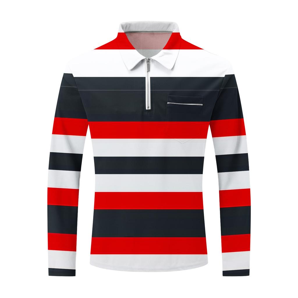 Fashion Polo Shirt Men's Printed Long Sleeve Zip Pocket Sports Polo Shirt Men's Striped Sweatshirt