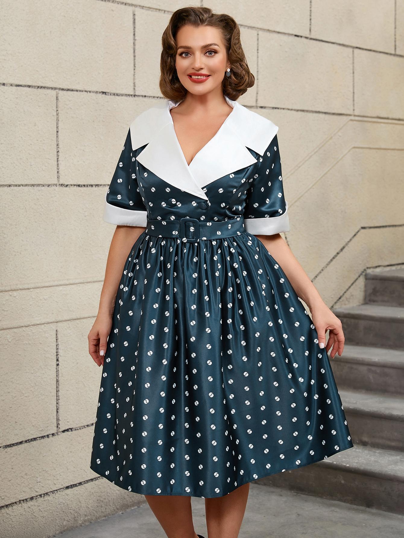 

Винтажное повседневное платье А-силуэта с отложным воротником для женщин, с коротким рукавом, принтом, пэчворком, завышенной талией, элегантный летний наряд средней длины 4XL темно-синий