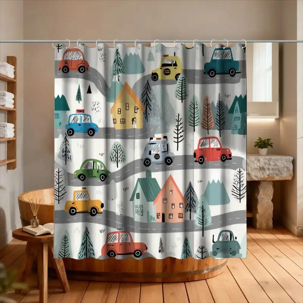 

1Pc Bathroom Shower Curtain, Featuring Sketch Painting Art For Camping And Road Trip Themes, Includes 12 Hooks, 70.87X70.87Inch W60H190(CM)-1 Pcs