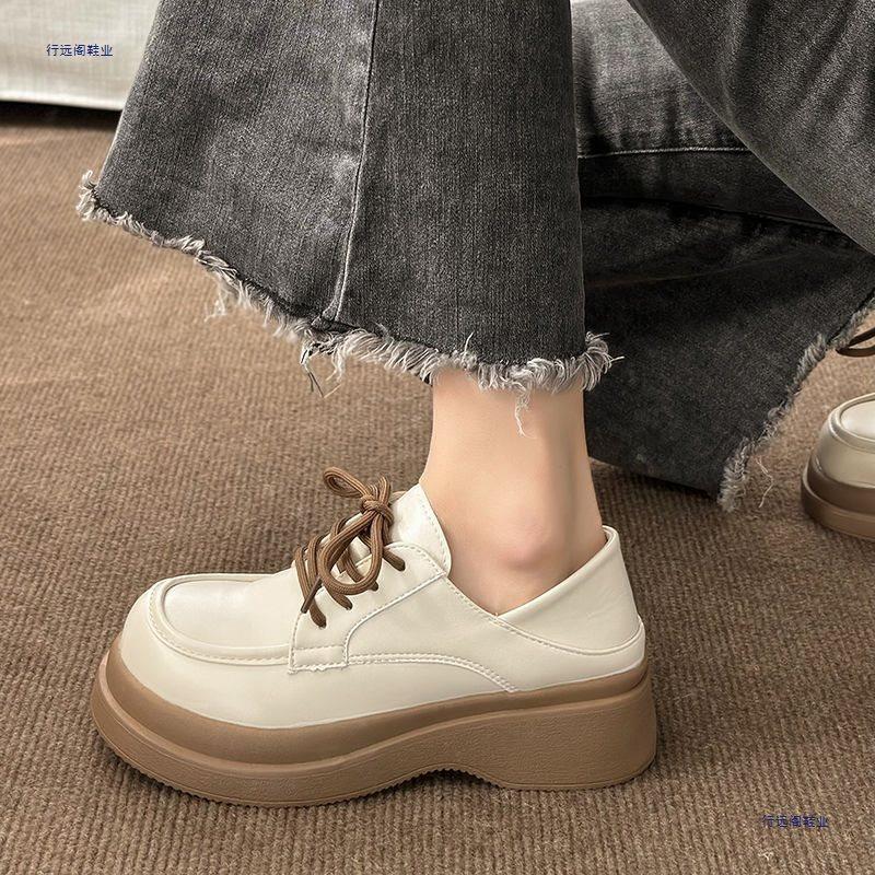 3543 Wind Small Leather Shoes Women's 41 Retro Big Head Shoes Muffin Platform Lace-up Student Single Shoes 42