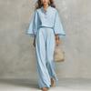 European and American Women's Clothing New Stand-up Collar Solid Color Seven-quarter Sleeve Shirt Wide-leg Trousers Casual Two-piece Set