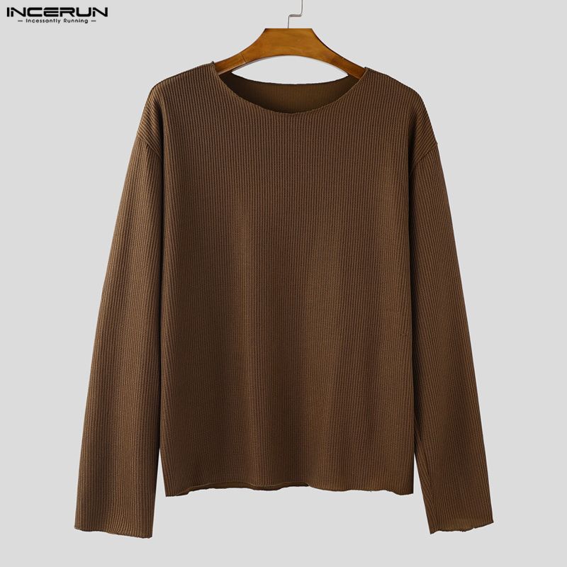 INCERUN Spring Men Long Sleeve Casual Loose Rib Pullover T-shirts Tops