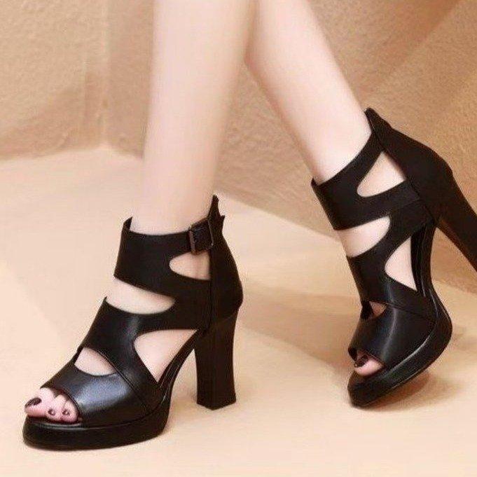 High-heeled sandals hollow fish mouth Rome 2025 new sandals summer waterproof women's versatile with thick-heeled women's sandals