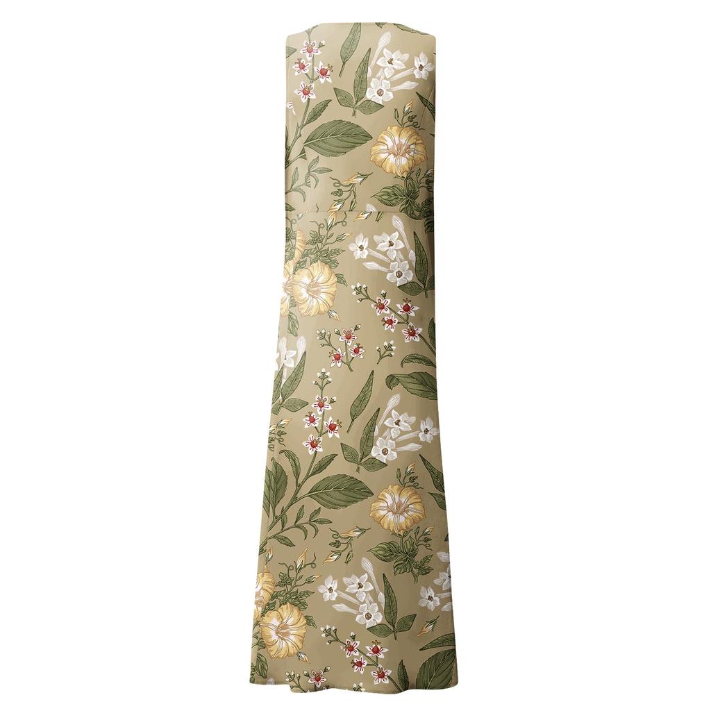 Damen Sommer Casual Fashion Retro Bedrucktes ärmelloses Rundhals-Taschenkleid