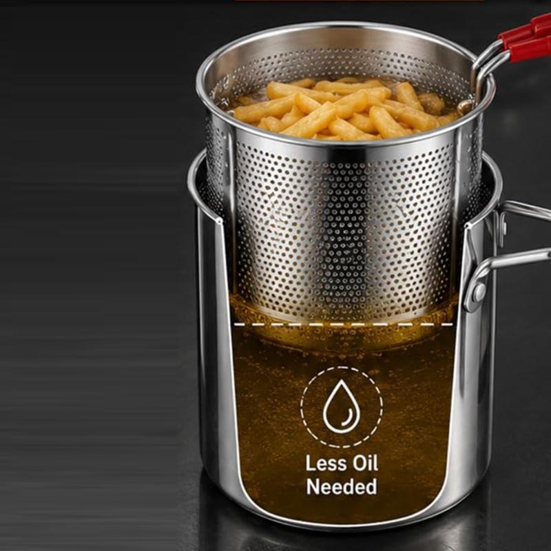 Type 304 Steel Stovetop Frying Saucepan Set with Removable Perforated Basket, Lid, and Narrow Deep Shape for Frying Modest Servings and Draining
