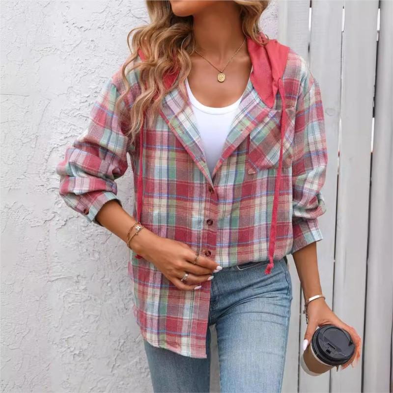 Women's Hooded Blouses Coat Autumn Fashion Loose Plaid Pockets Casual Shirts Women Streetwear Tops Jacket Clothing