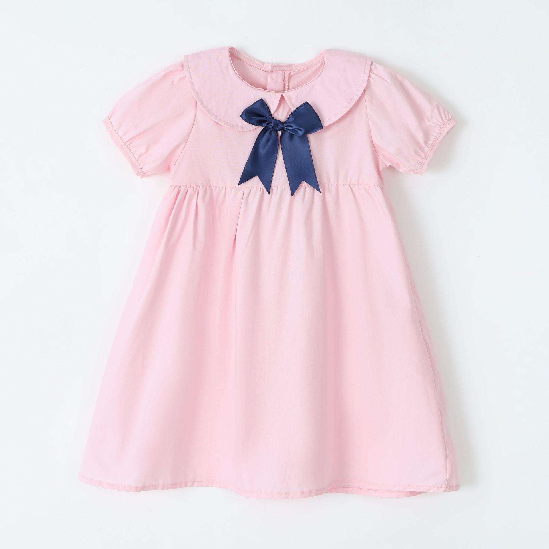 Girls  School-style Short-sleeved Cotton Dress For Children, Children s Casual Dress With Bow Tie Design 100cm（4Y）