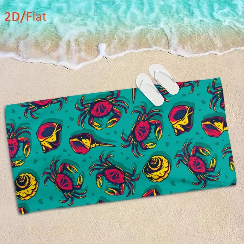 1pcs Teal Crab & Seashell Beach Towel, Soft Microfiber Quick Dry Oversized Bath Towel, Nautical Summer Pool Blanket