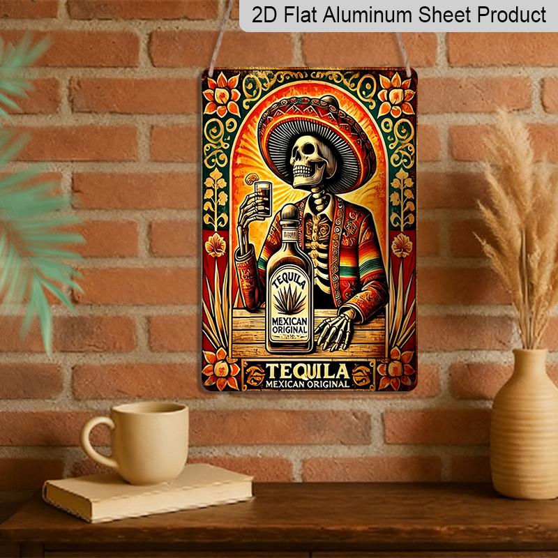 2D Flat - 1pc Vintage Tequila Metal Sign | Mexican-Themed Sombrero Skeleton & Tequila Bottle Art - Heavy-Duty Aluminum Poster - Easy Hang With