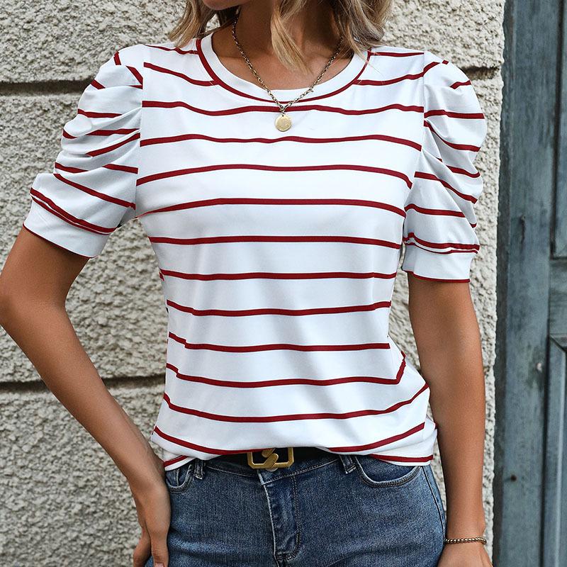 Summer 2026 New Arrivals: Simple Style Puff Sleeve Striped Women's T-shirt
