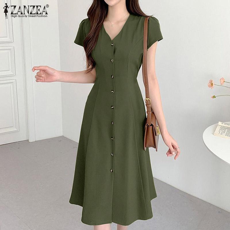 

ZANZEA Женское летнее повседневное длинное платье с коротким рукавом и пуговицами