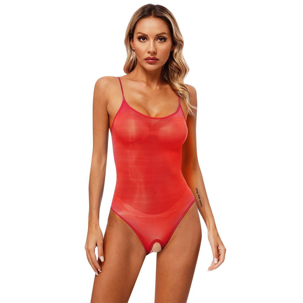 Womens Glossy Sling Bodysuit Adjustable Strap See Through Lingerie Stretchy High Cut Bodycon Lingerie