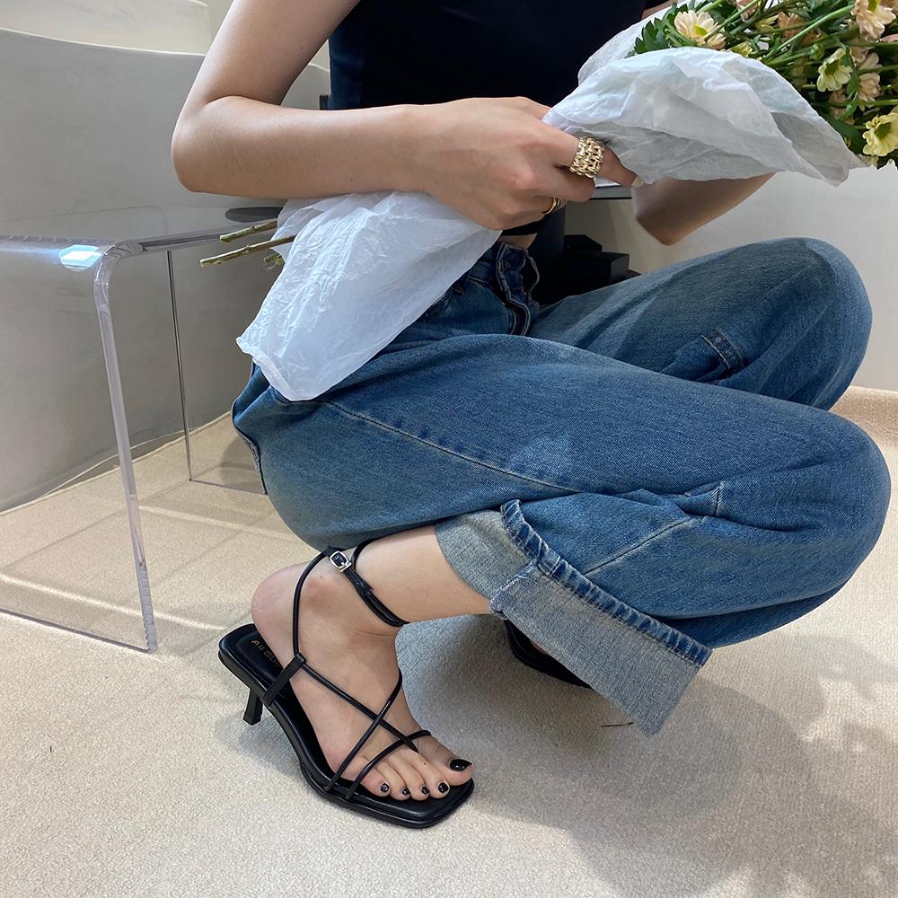 fashion Fashion Women Sandals Narrow Band Black White Blue Color Summer Dress Stiletto Thin High Heels Ankle Strap Party Pumps Size 40