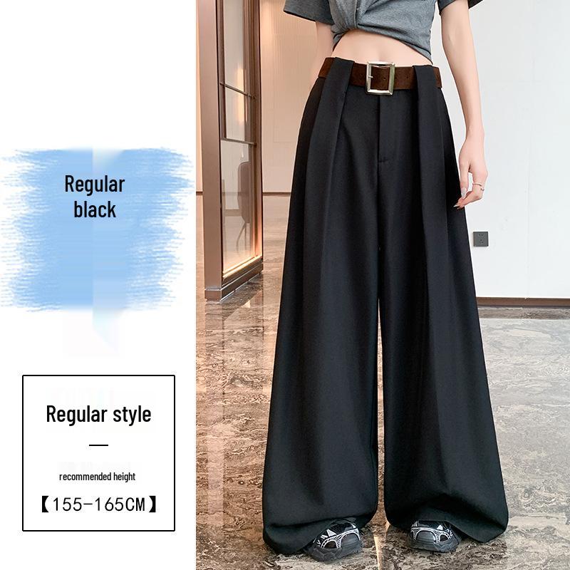 Women's Summer Black High-Waisted Wide-Leg Floor-Length Trousers
