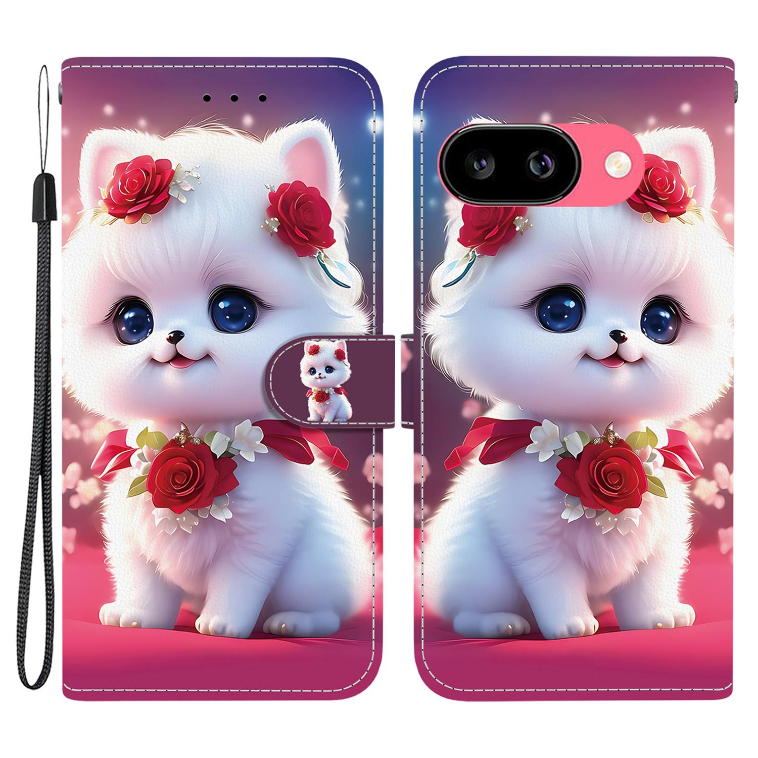 

For Google Pixel 9a Leather Case Stand Wallet Pattern Printing Phone Cover with Wrist Strap Rose Cat