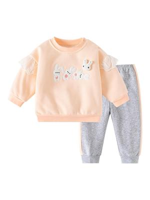 Girls' Autumn/Winter Plus Velvet Sweatshirt Set - Cute & Fashionable 2-Piece Outfit for Outdoor Wear