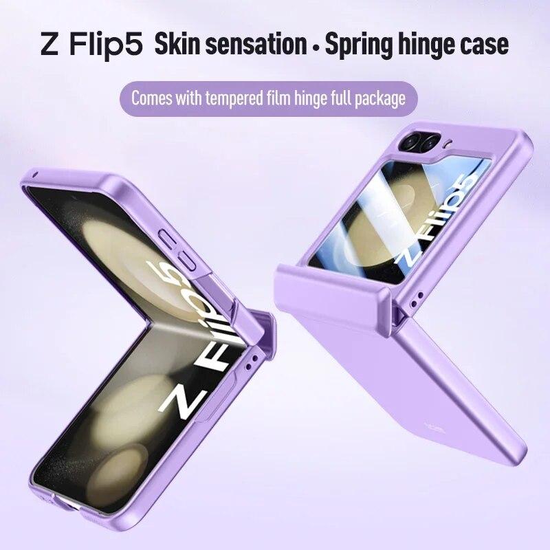 Skin Friendly Ultra Thin Matte Folding Hngle For Samsung Galaxy Z Flip 5 5G Case With Tempered Film Shockproof Protective Cover