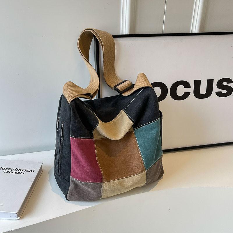 Trendy Color Stitching Canvas Tote Bag 2024 New Street Style Wide Strap Crossbody Bag