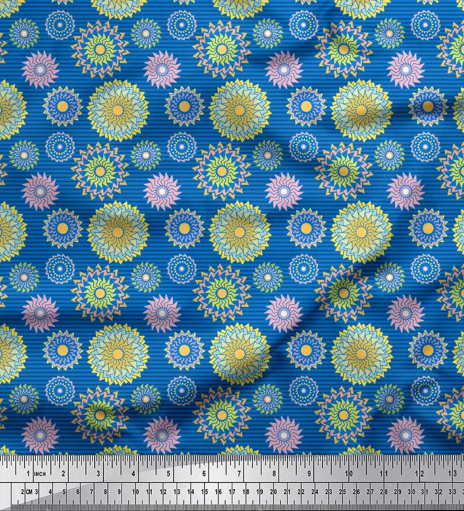 Soimoi Blue Japan Crepe Satin Fabric Stripe & Mandala Print Fabric by the Metre 42 Inch