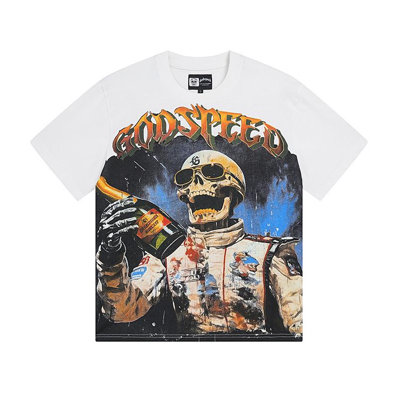 25SS Grensoverschrijdend Meichao Godspeed Schedel Rockband Basketbal Retro Korte Mouw T-shirt Koppels Dezelfde Stijl
