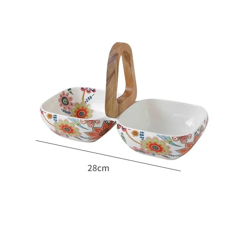 Creative Double Ceramic Fruit Bowl with Handle – Floral Design Snack Serving Tray