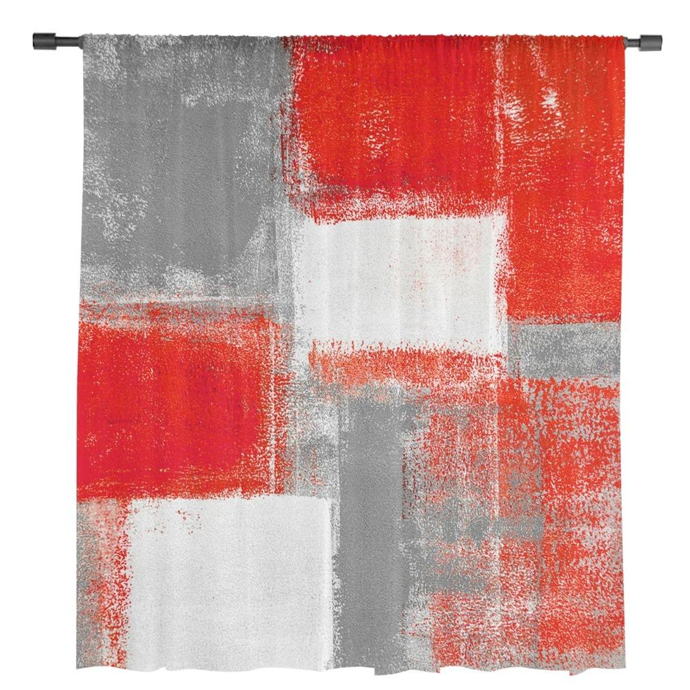 Red Grey White Oil Painting Abstract Geometric Sheer Curtains Living Room Decoration Window Curtain Kitchen Tulle Voile Drapes