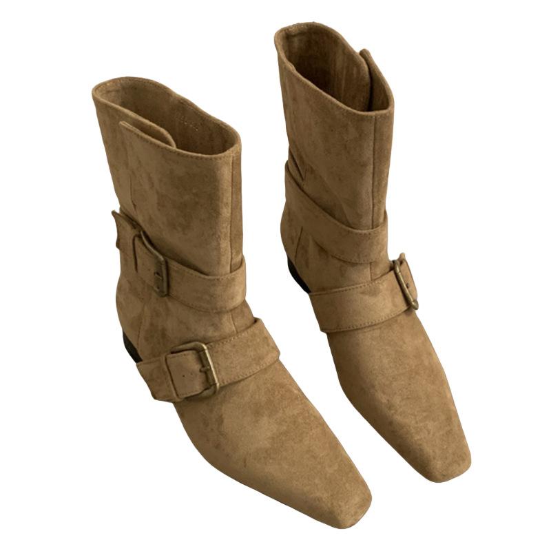 2025 Korean Version Autumn New Niche Design Retro French Short Boots Small Square Head Western Boots Medium Boots Women's Boots