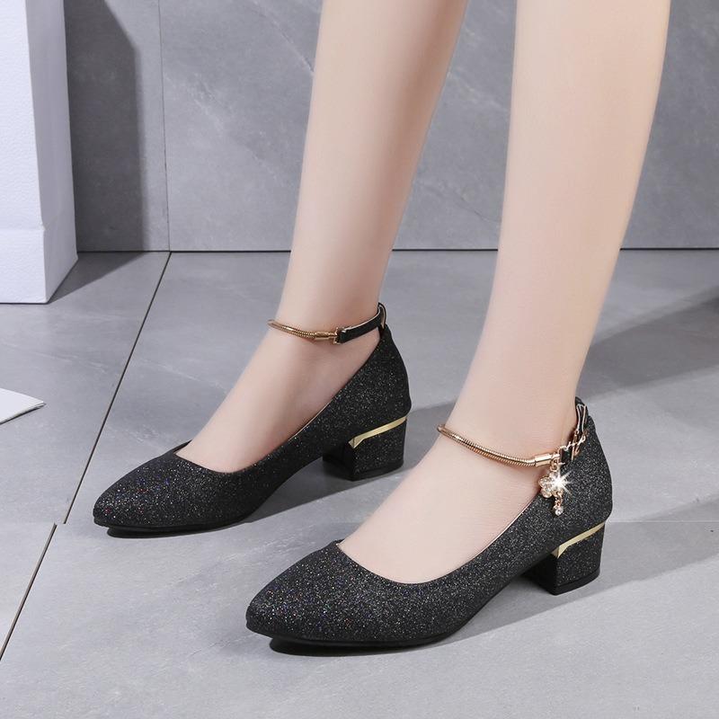 Mom Shoes Thick Heel Medium Heel Shallow Mouth Women's Single Shoes Spring New Women's One-word Buckle Fashionable Metal Decorative Women's Shoes