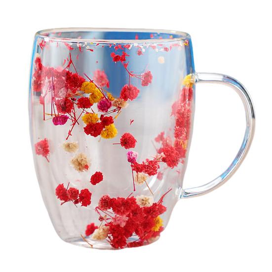 Double-Wall Glass Mug 350ml Heat-Resistant Flower Coffee Tea Cup Insulated Cup for Hot Cold