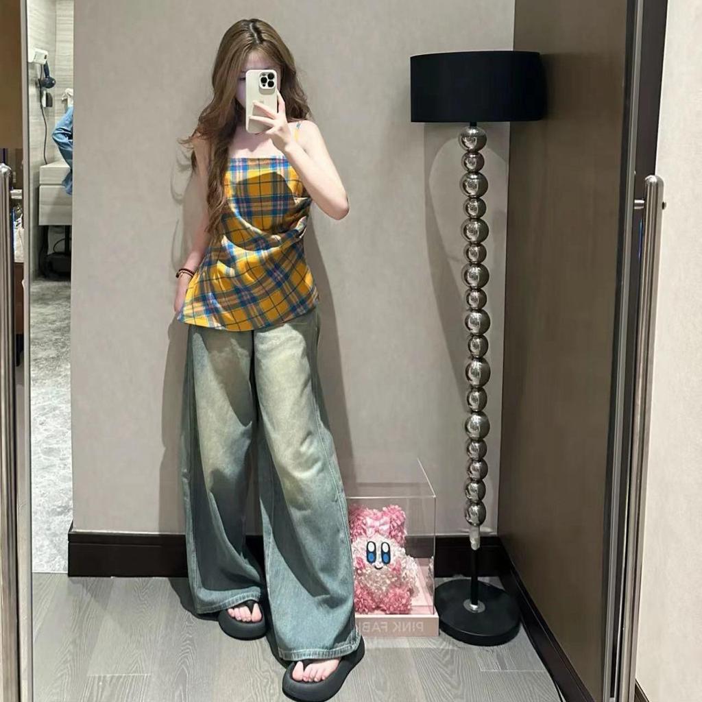 Women's Vintage High Waist Wide Leg Blue Denim Jeans - Retro Wash, Loose Floor-Length Style