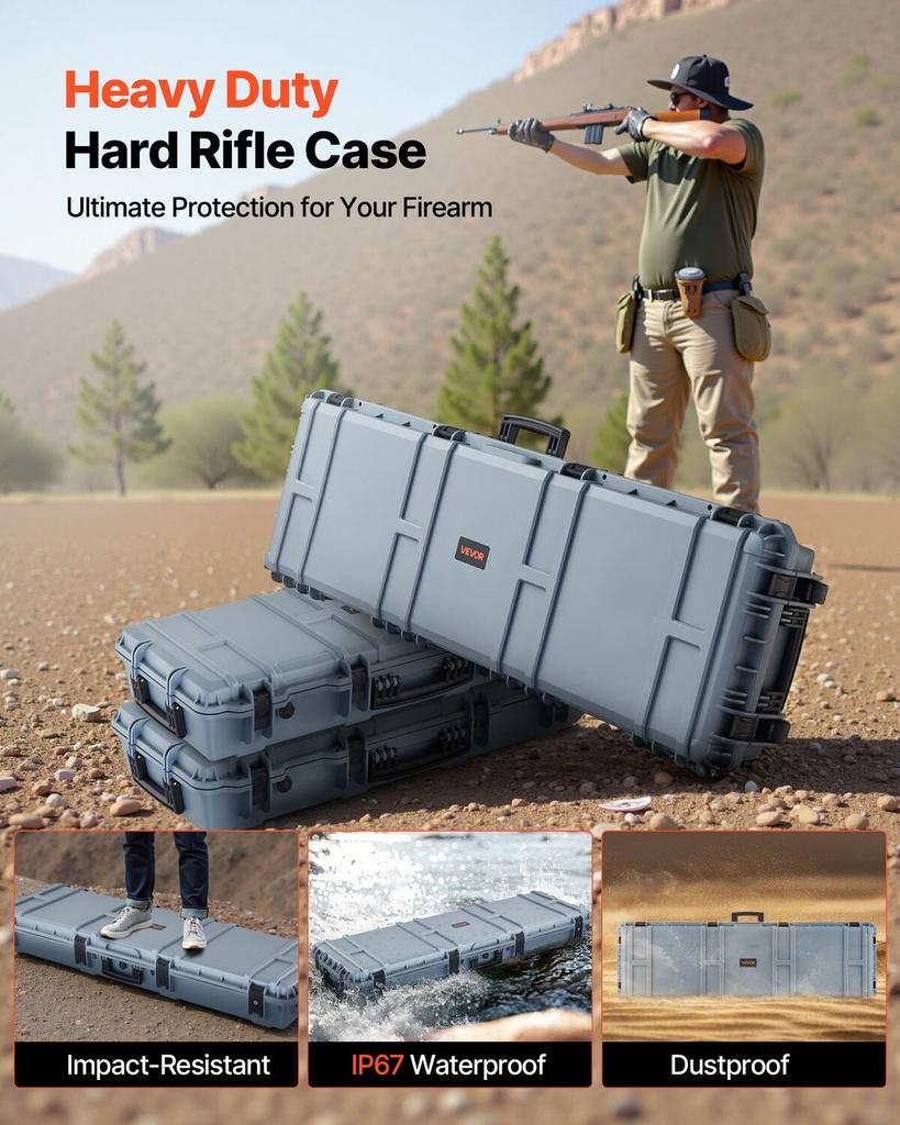 Hard Rifle Case, Lockable Rifle Case with Pre-cut Foams, 1320 mm Gun Storage with Wheels, Heavy Duty IP67 Waterproof & Dustproof Pistol Storage Cases